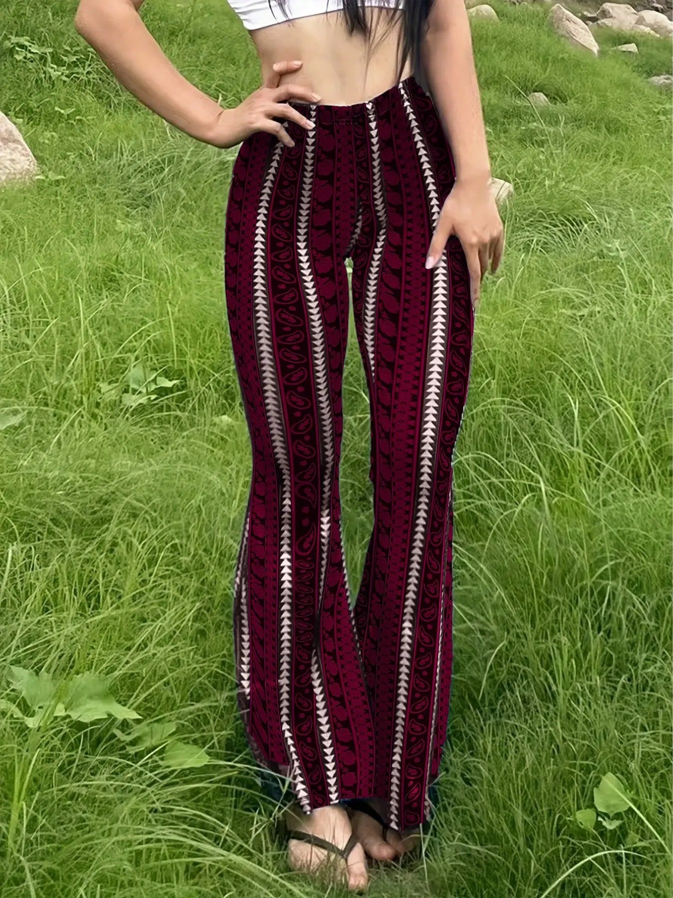 Boho Print Pants Tribal Pattern Trousers Flared Leg Pants High Waist Pants Stretchy Casual Pants Wide Leg Yoga Pants Retro Bohemian Pants Festival Style Bottoms Slimming Vertical Stripes Soft Knit Pants Streetwear Lounge Pants Lightweight Flare Pants
