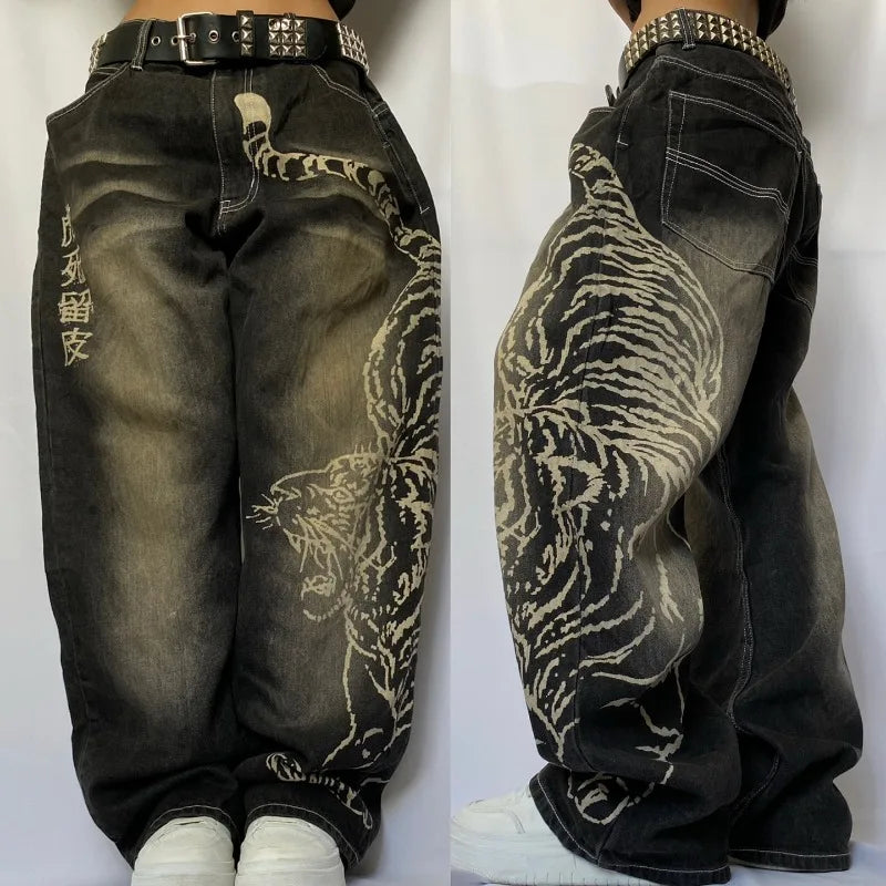 2025 Fashion New Oversized Pattern Printing Baggy Jeans Men Y2K Street Vintage Rock Casual Straight High Waist Wide Leg Trousers