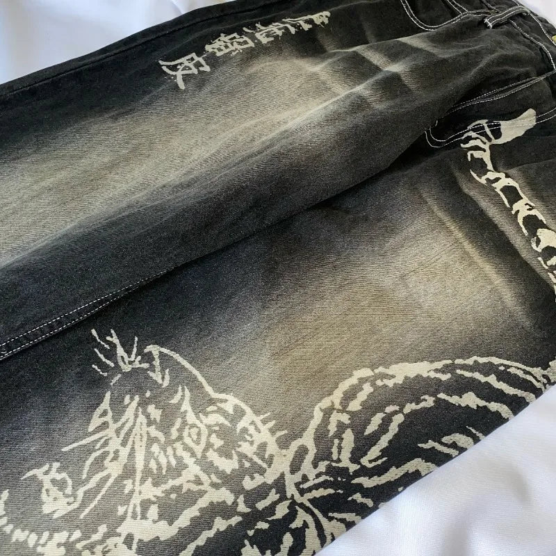 2025 Fashion New Oversized Pattern Printing Baggy Jeans Men Y2K Street Vintage Rock Casual Straight High Waist Wide Leg Trousers