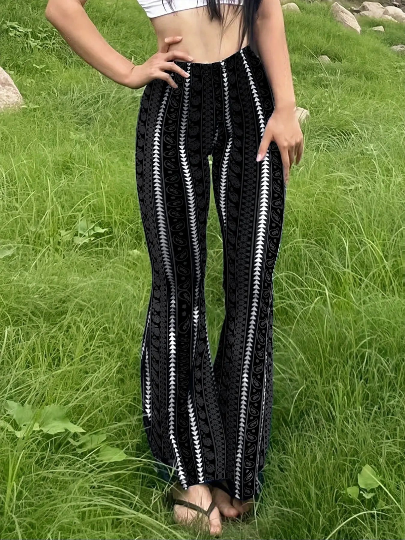 Boho Print Pants Tribal Pattern Trousers Flared Leg Pants High Waist Pants Stretchy Casual Pants Wide Leg Yoga Pants Retro Bohemian Pants Festival Style Bottoms Slimming Vertical Stripes Soft Knit Pants Streetwear Lounge Pants Lightweight Flare Pants
