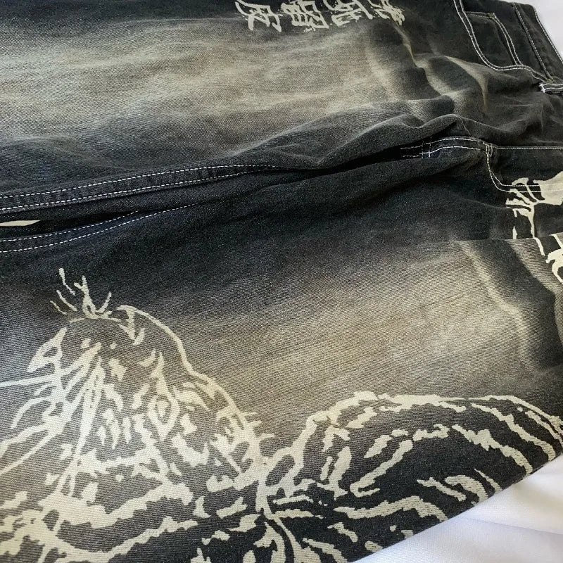 2025 Fashion New Oversized Pattern Printing Baggy Jeans Men Y2K Street Vintage Rock Casual Straight High Waist Wide Leg Trousers