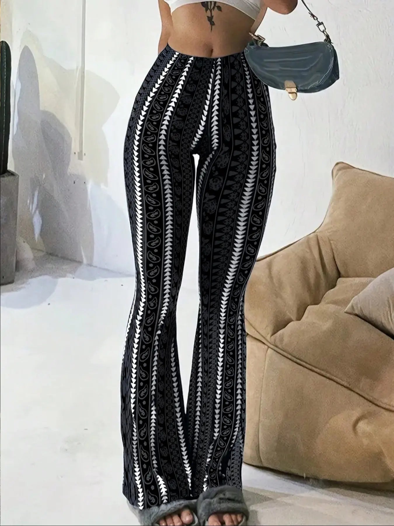 Boho Print Pants Tribal Pattern Trousers Flared Leg Pants High Waist Pants Stretchy Casual Pants Wide Leg Yoga Pants Retro Bohemian Pants Festival Style Bottoms Slimming Vertical Stripes Soft Knit Pants Streetwear Lounge Pants Lightweight Flare Pants