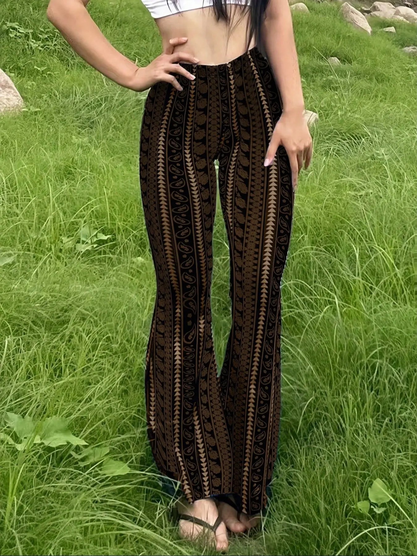Boho Print Pants Tribal Pattern Trousers Flared Leg Pants High Waist Pants Stretchy Casual Pants Wide Leg Yoga Pants Retro Bohemian Pants Festival Style Bottoms Slimming Vertical Stripes Soft Knit Pants Streetwear Lounge Pants Lightweight Flare Pants