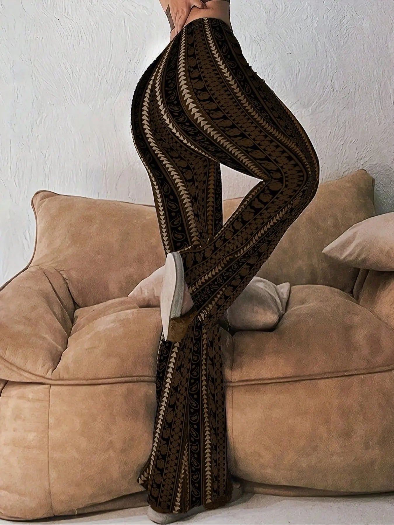 Boho Print Pants Tribal Pattern Trousers Flared Leg Pants High Waist Pants Stretchy Casual Pants Wide Leg Yoga Pants Retro Bohemian Pants Festival Style Bottoms Slimming Vertical Stripes Soft Knit Pants Streetwear Lounge Pants Lightweight Flare Pants