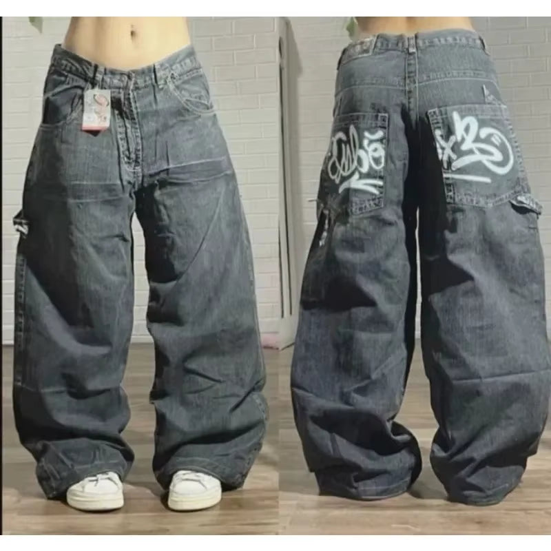 2025 Fashion New Oversized Pattern Printing Baggy Jeans Men Y2K Street Vintage Rock Casual Straight High Waist Wide Leg Trousers